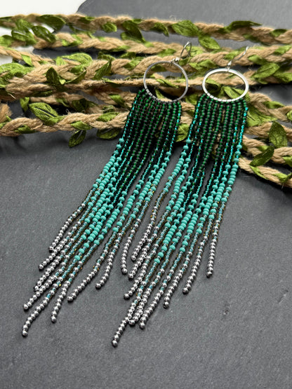 Long green and silver beaded fringe earrings on hoop base with 925 sterling silver hooks. Bright handmade statement earrings with gradient design in boho style image 16