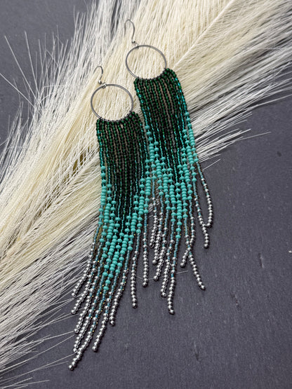 Long green and silver beaded fringe earrings on hoop base with 925 sterling silver hooks. Bright handmade statement earrings with gradient design in boho style image 17