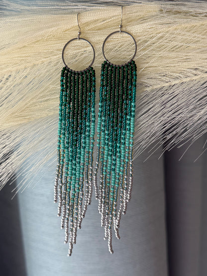 Long green and silver beaded fringe earrings on hoop base with 925 sterling silver hooks. Bright handmade statement earrings with gradient design in boho style image 18