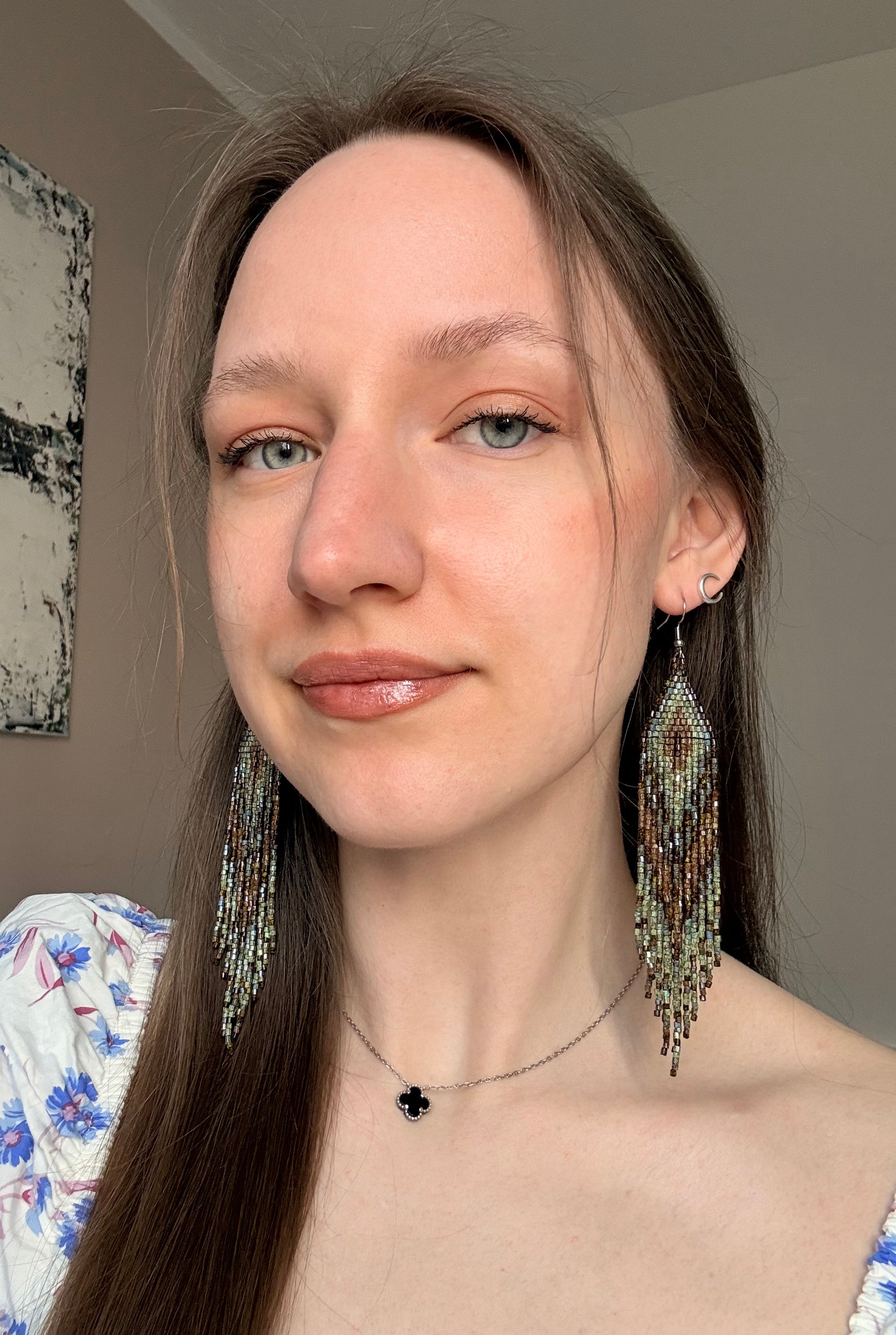 Handmade long beaded earrings in turquoise, green, and brown with fringe. Native American boho statement jewelry, unique artisanal accessory and perfect gift image 2