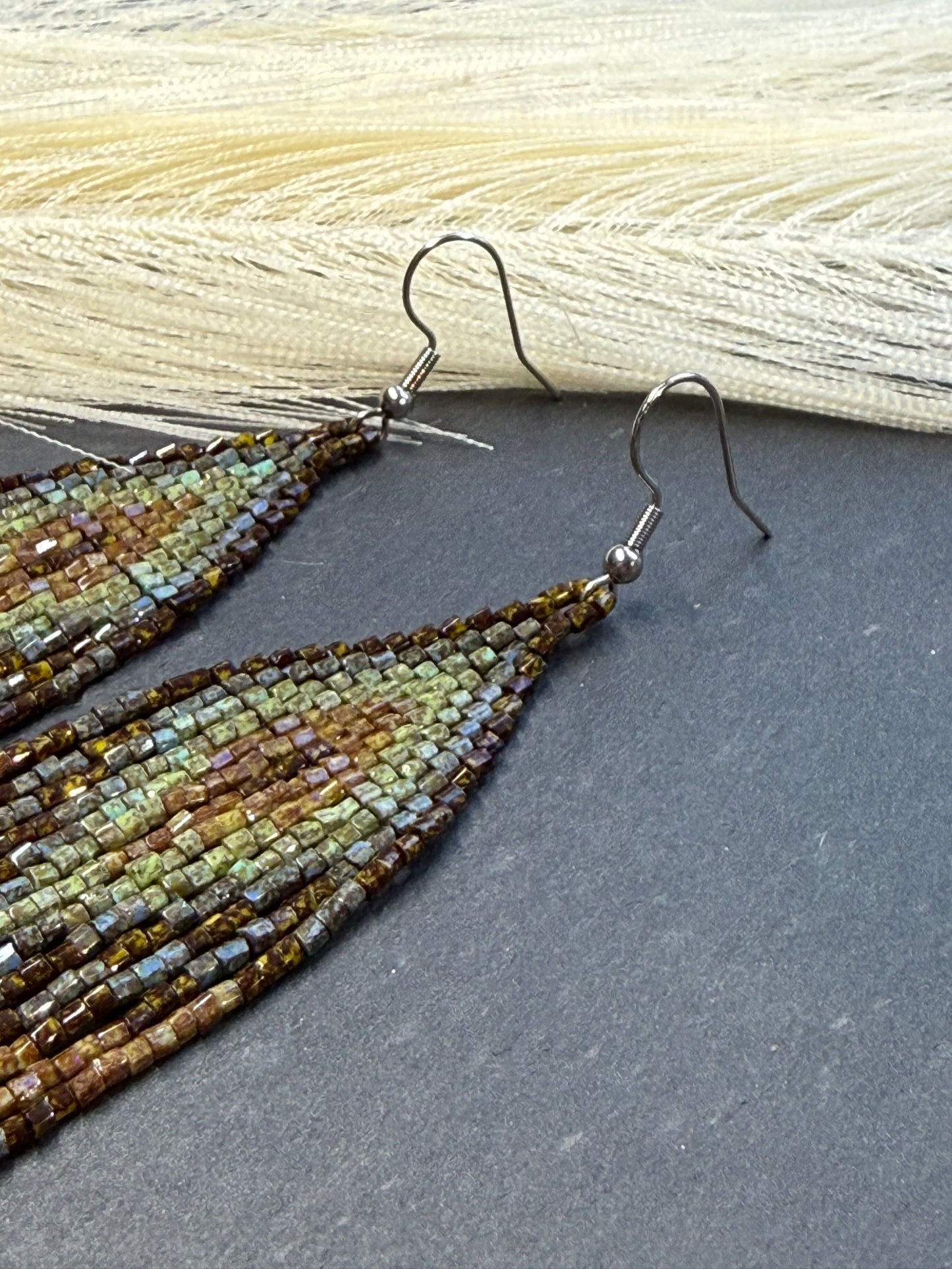 Handmade long beaded earrings in turquoise, green, and brown with fringe. Native American boho statement jewelry, unique artisanal accessory and perfect gift image 7