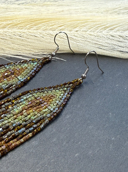 Handmade long beaded earrings in turquoise, green, and brown with fringe. Native American boho statement jewelry, unique artisanal accessory and perfect gift image 7