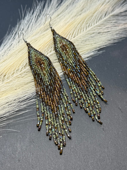 Handmade long beaded earrings in turquoise, green, and brown with fringe. Native American boho statement jewelry, unique artisanal accessory and perfect gift image 1