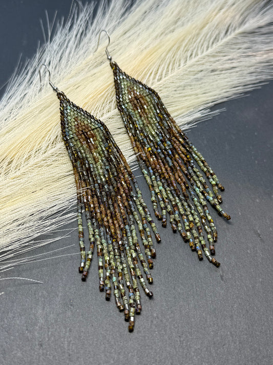 Handmade long beaded earrings in turquoise, green, and brown with fringe. Native American boho statement jewelry, unique artisanal accessory and perfect gift image 1