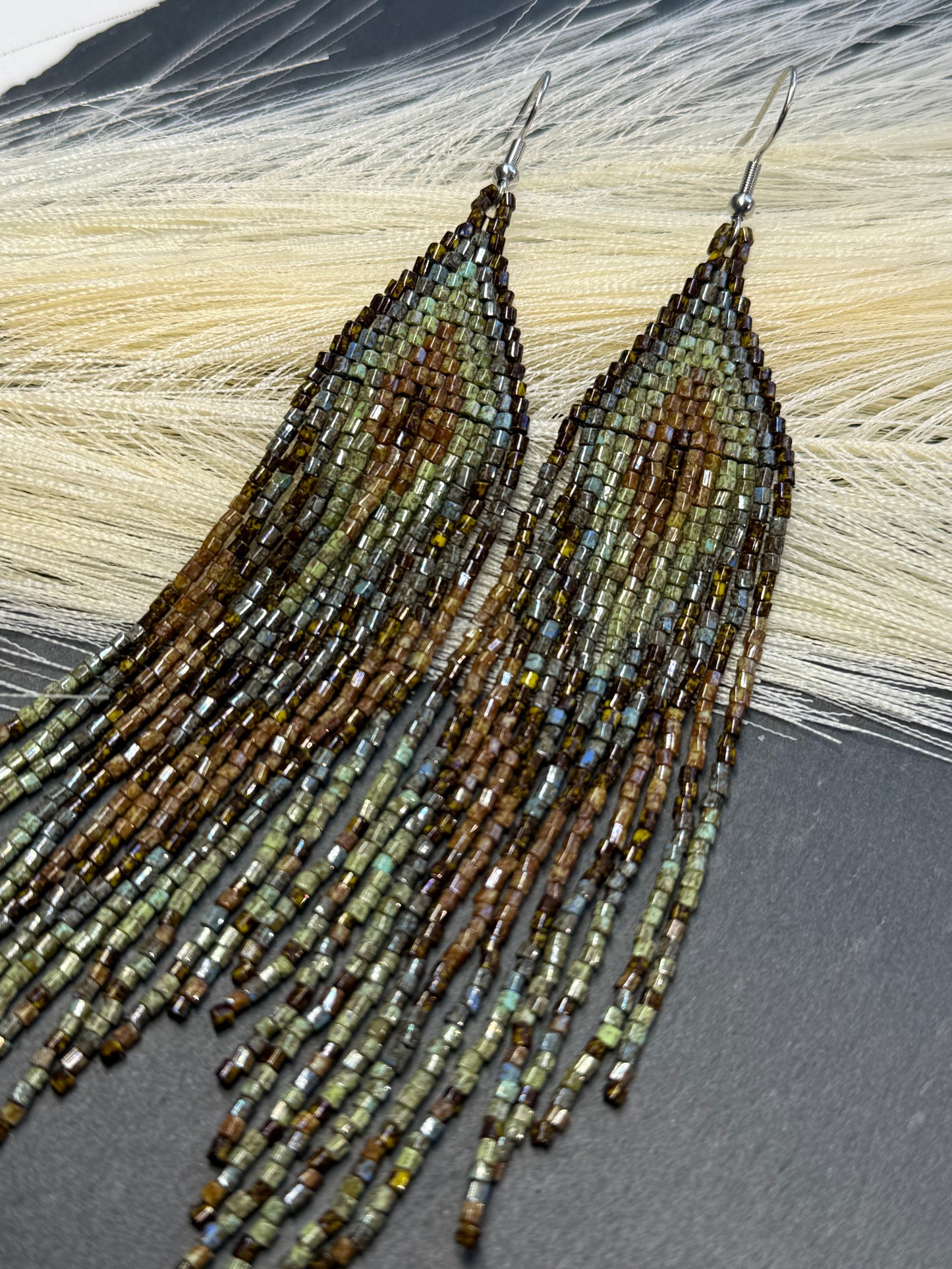 Handmade long beaded earrings in turquoise, green, and brown with fringe. Native American boho statement jewelry, unique artisanal accessory and perfect gift image 8