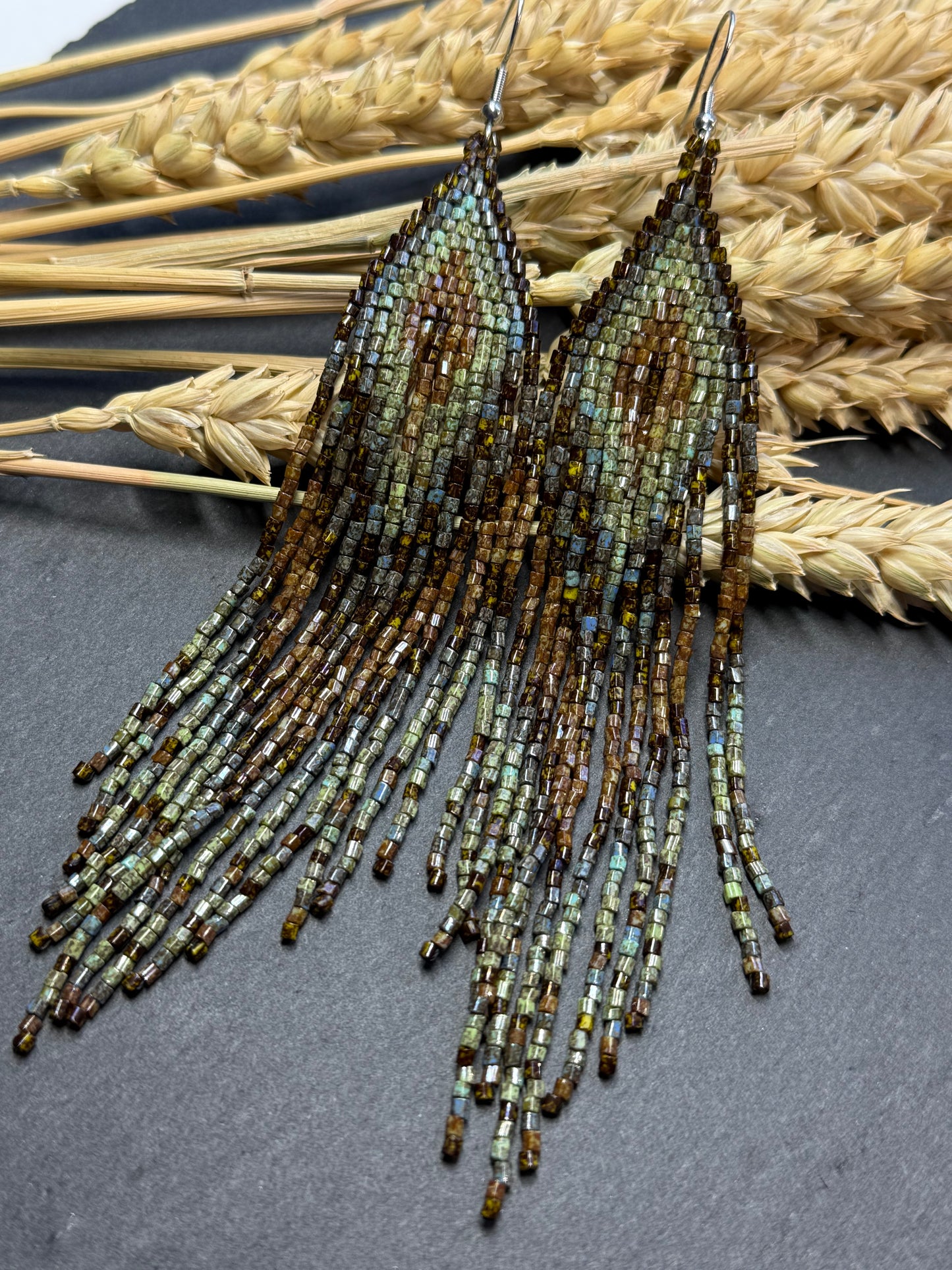 Handmade long beaded earrings in turquoise, green, and brown with fringe. Native American boho statement jewelry, unique artisanal accessory and perfect gift image 16
