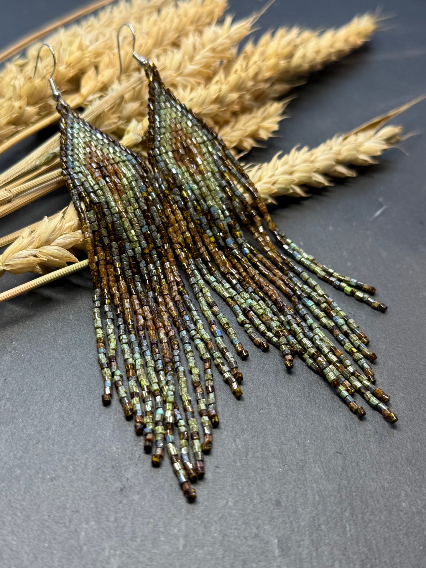 Handmade long beaded earrings in turquoise, green, and brown with fringe. Native American boho statement jewelry, unique artisanal accessory and perfect gift image 18