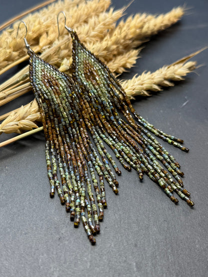 Handmade long beaded earrings in turquoise, green, and brown with fringe. Native American boho statement jewelry, unique artisanal accessory and perfect gift image 18