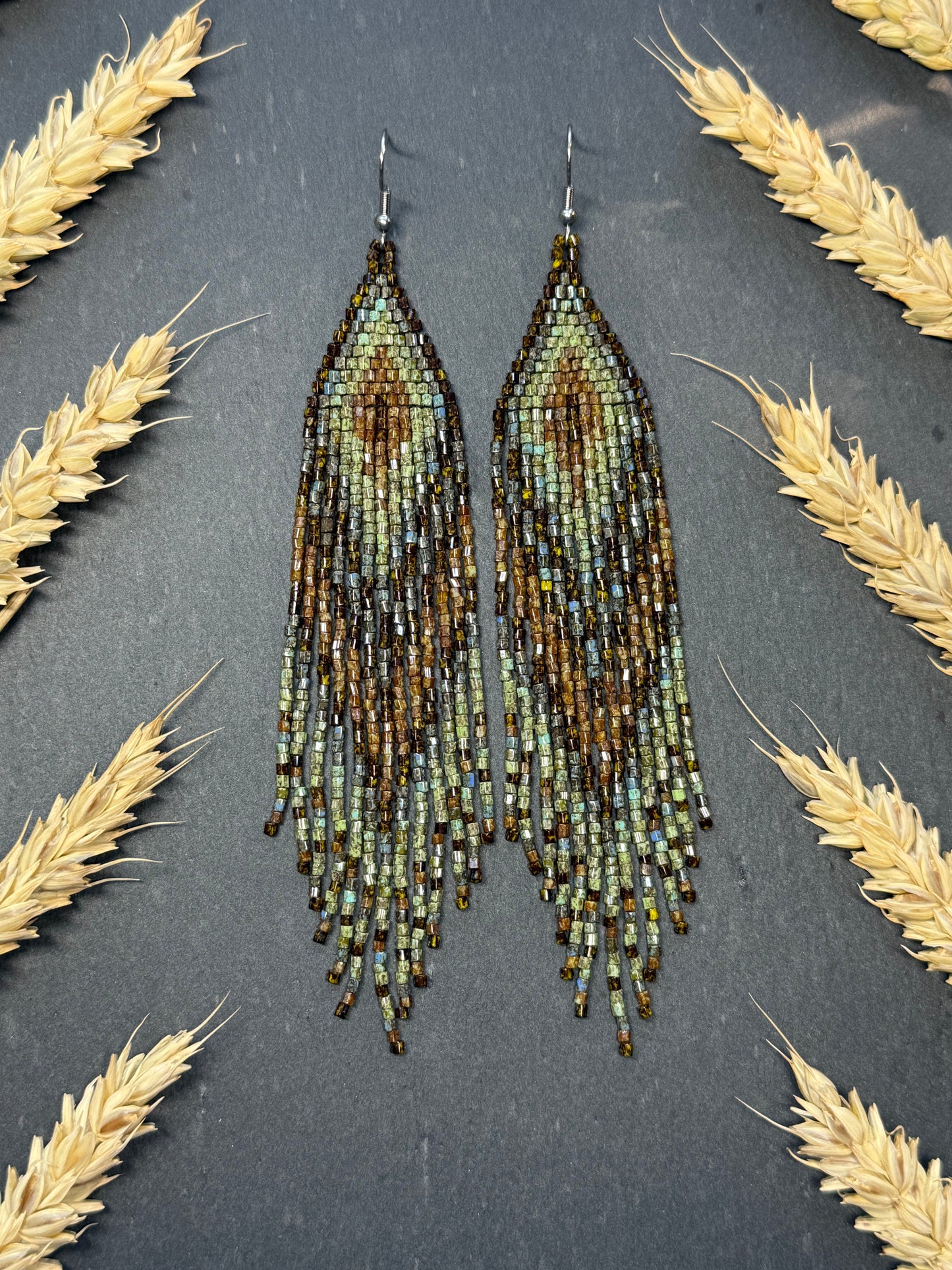 Handmade long beaded earrings in turquoise, green, and brown with fringe. Native American boho statement jewelry, unique artisanal accessory and perfect gift image 17