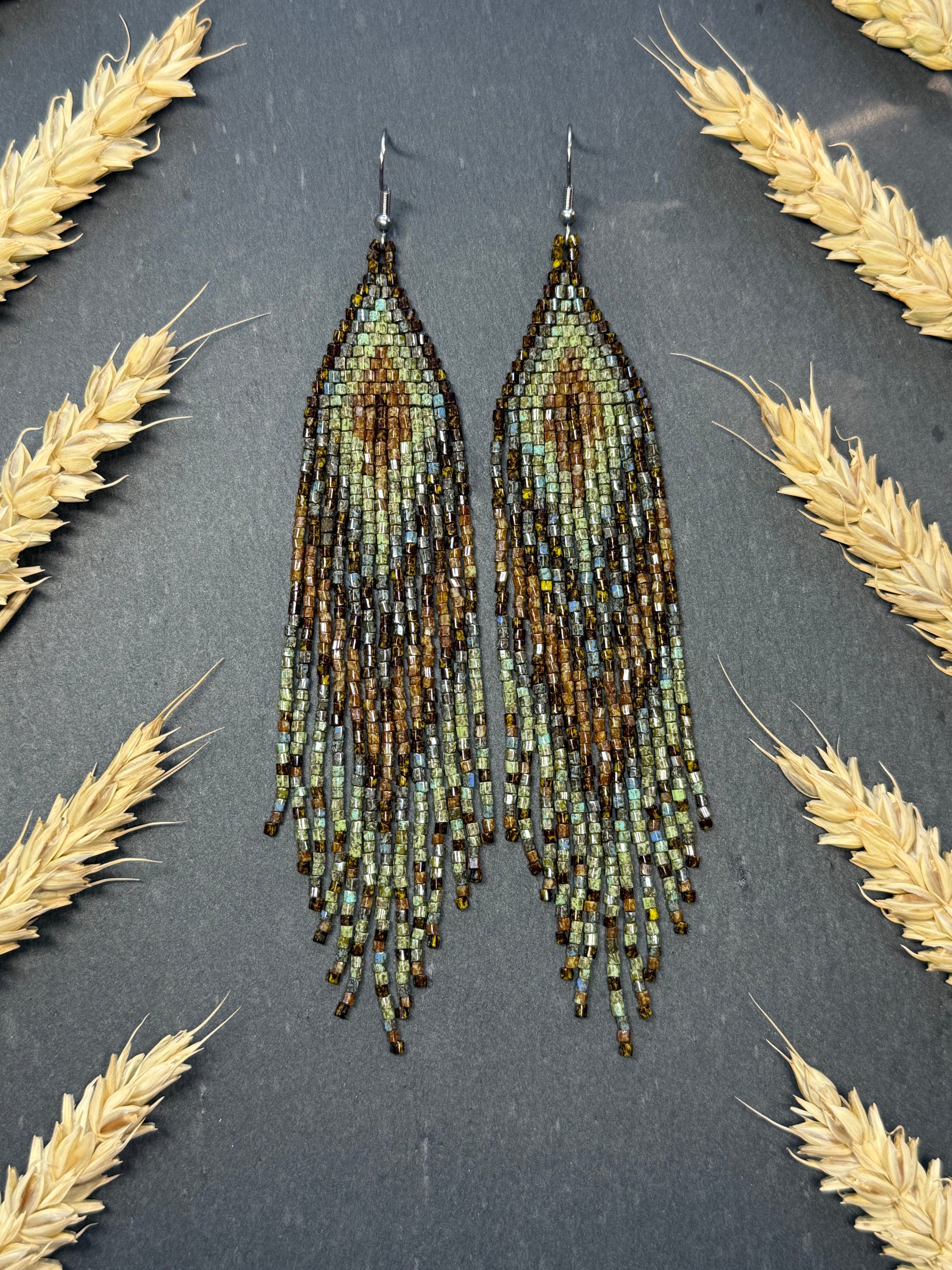 Handmade long beaded earrings in turquoise, green, and brown with fringe. Native American boho statement jewelry, unique artisanal accessory and perfect gift image 17