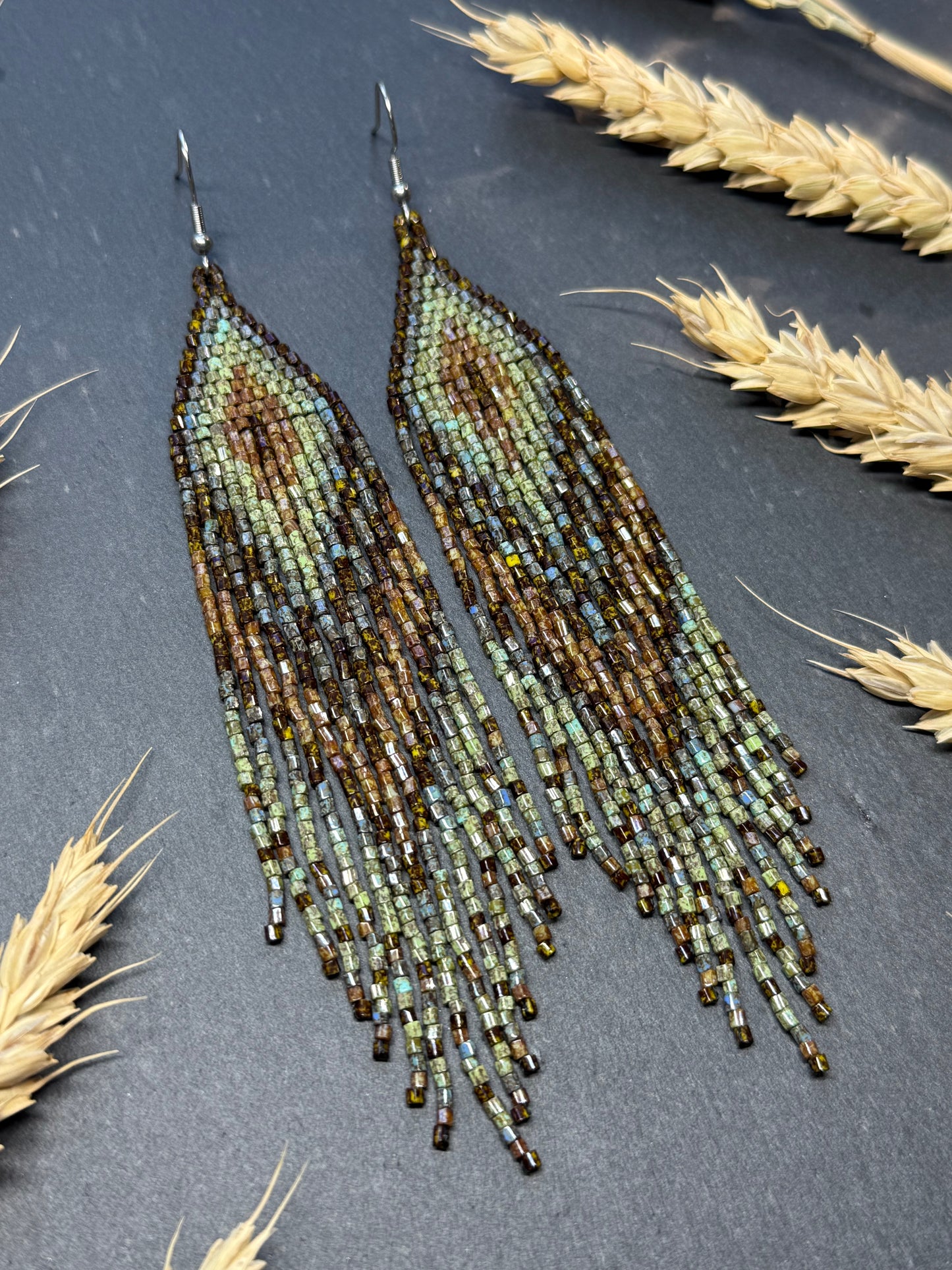 Handmade long beaded earrings in turquoise, green, and brown with fringe. Native American boho statement jewelry, unique artisanal accessory and perfect gift image 19