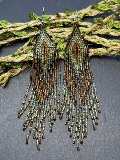 Handmade long beaded earrings in turquoise, green, and brown with fringe. Native American boho statement jewelry, unique artisanal accessory and perfect gift image 20