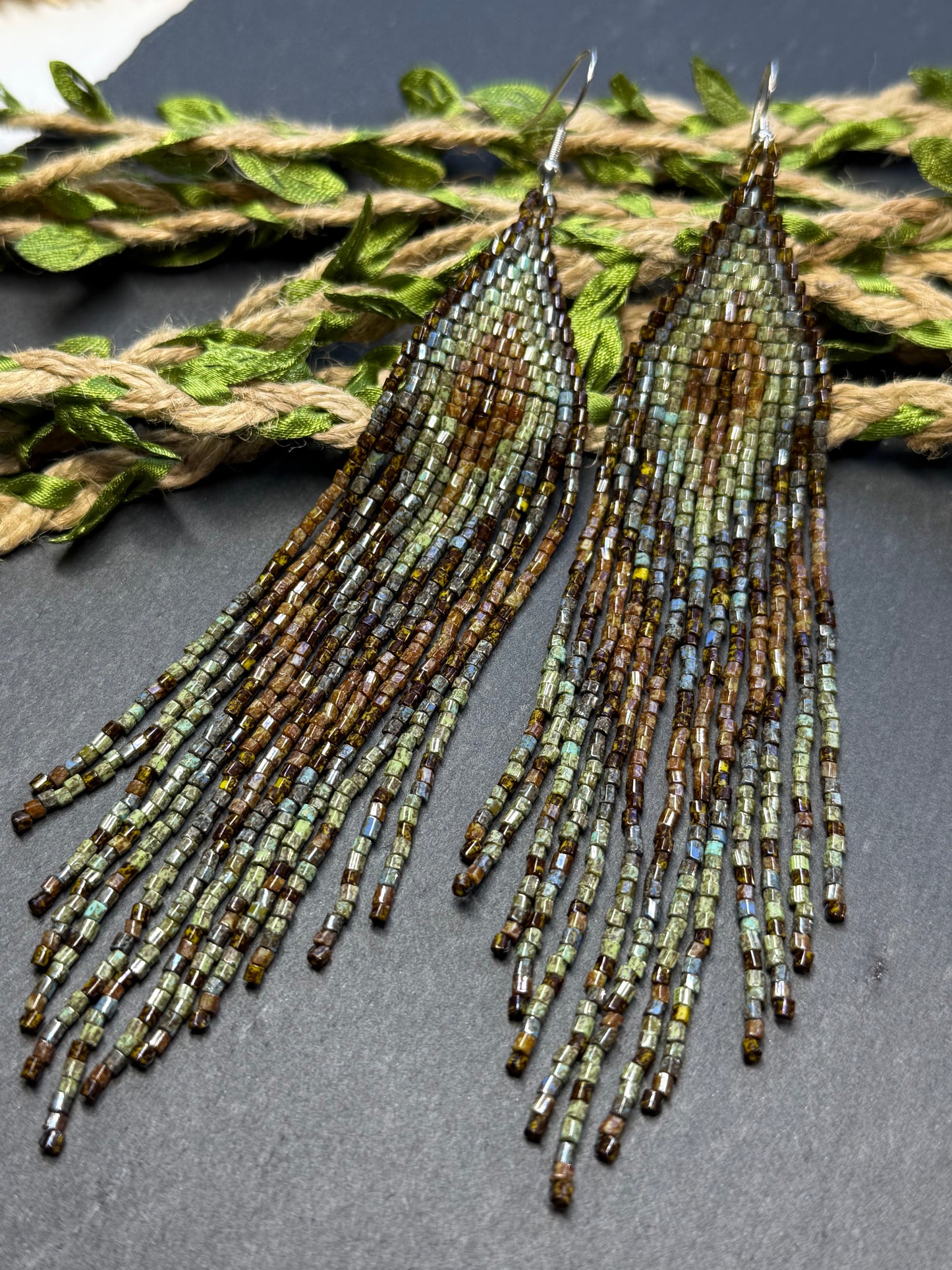 Handmade long beaded earrings in turquoise, green, and brown with fringe. Native American boho statement jewelry, unique artisanal accessory and perfect gift image 21
