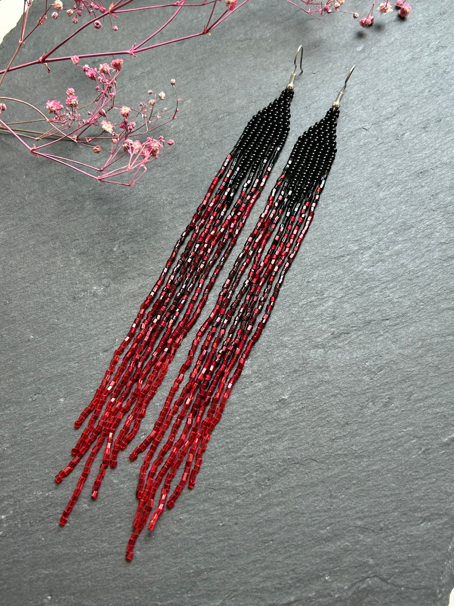 Long handmade black and red ombre beaded earrings with flowing fringe. Boho statement jewelry, unique artisanal accessory for bold everyday or evening style image 4