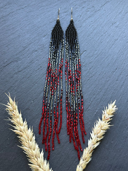 Handmade long beaded earrings in black, gray, and red ombre with flowing fringe. Boho statement jewelry, unique gift for lovers of artisan style image 11