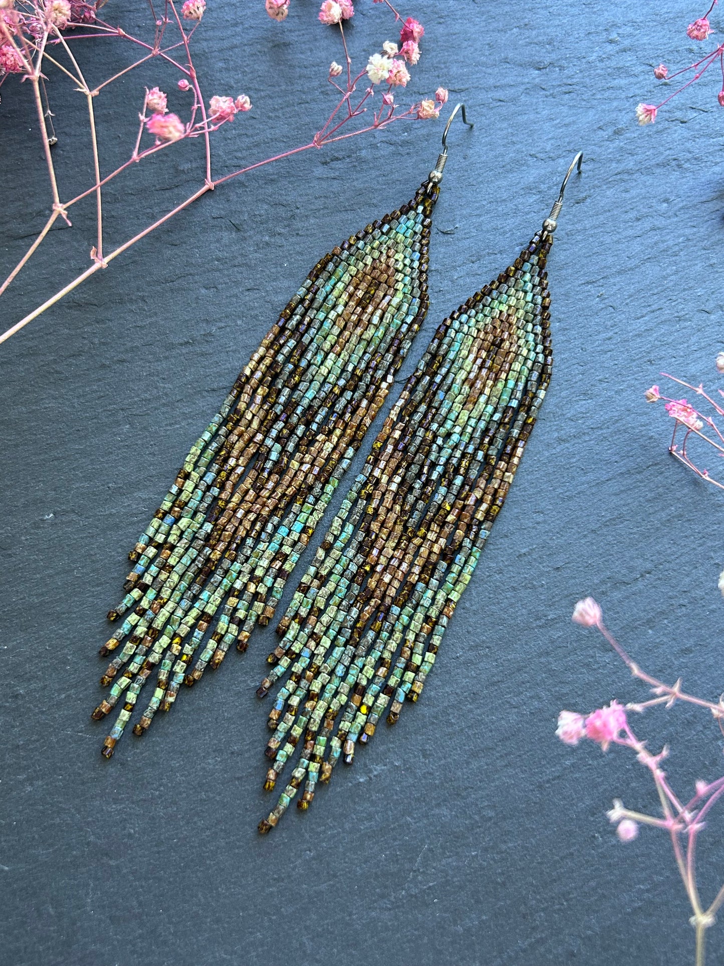 Handmade long beaded earrings in turquoise, green, and brown with fringe. Native American boho statement jewelry, unique artisanal accessory and perfect gift image 3