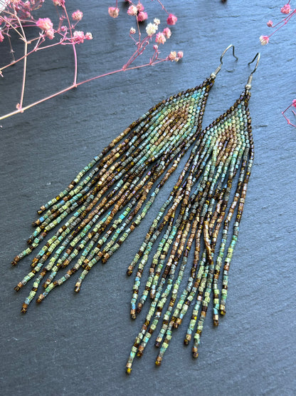 Handmade long beaded earrings in turquoise, green, and brown with fringe. Native American boho statement jewelry, unique artisanal accessory and perfect gift image 9