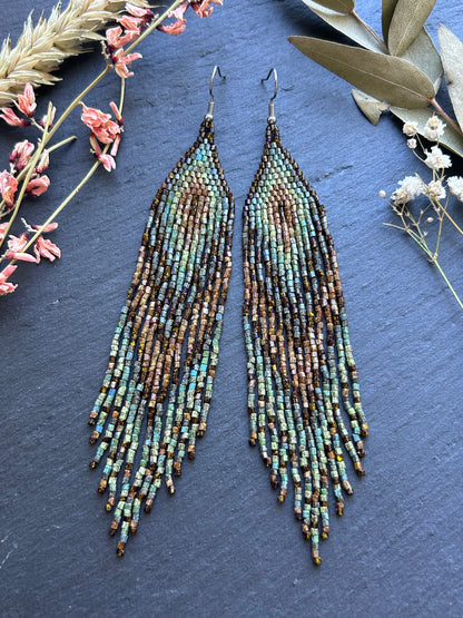 Handmade long beaded earrings in turquoise, green, and brown with fringe. Native American boho statement jewelry, unique artisanal accessory and perfect gift image 12