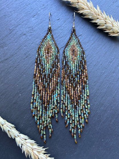 Handmade long beaded earrings in turquoise, green, and brown with fringe. Native American boho statement jewelry, unique artisanal accessory and perfect gift image 14