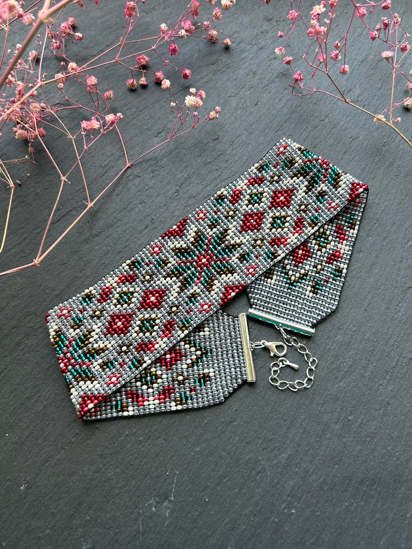 Unique handmade beaded choker necklace with green star and red details. Boho ethnic statement choker, perfect for festival, party, or everyday bohemian style  image 9