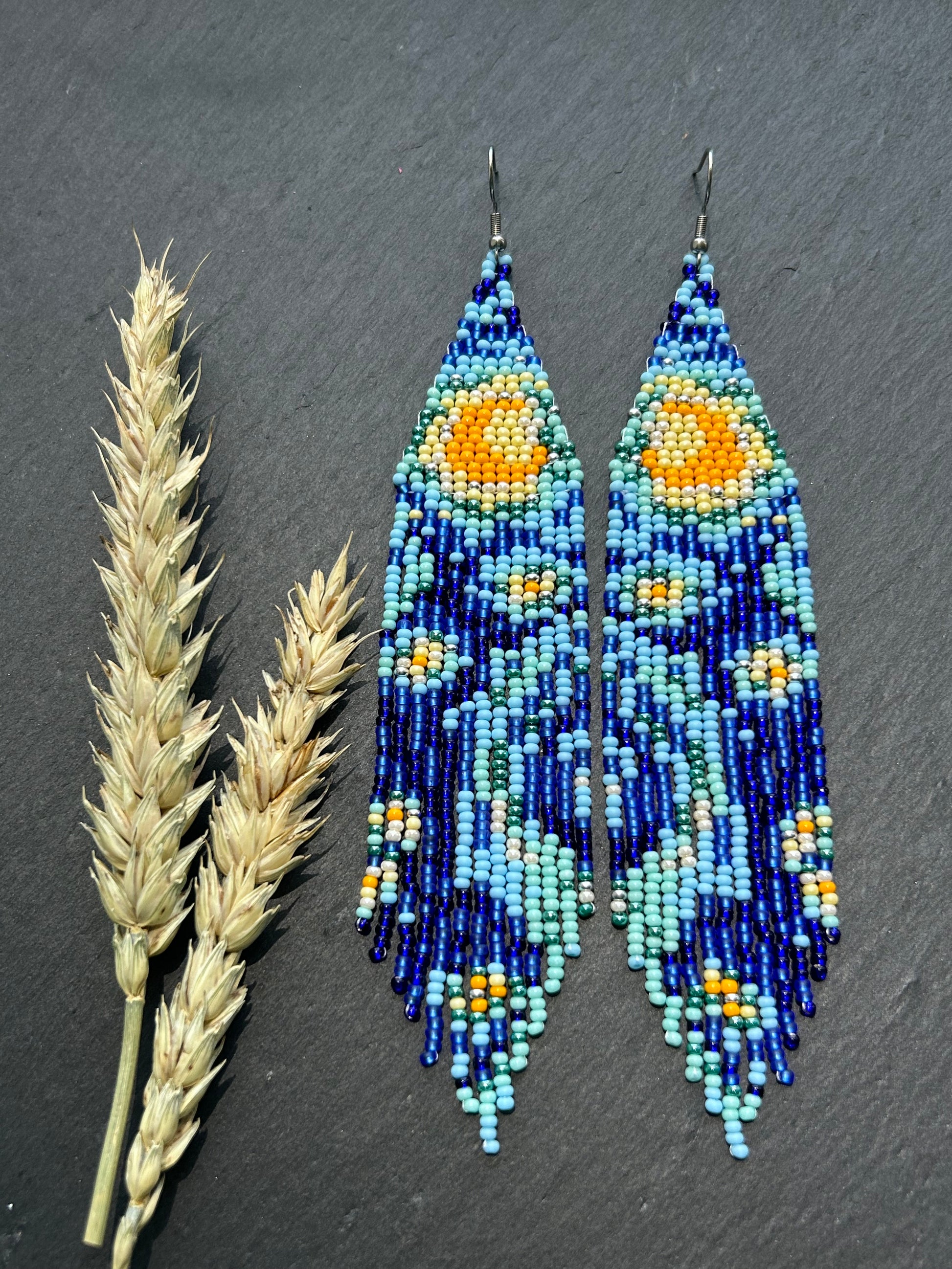 Long handmade “Starry Night” earrings with blue, yellow, and turquoise beads. Unique Boho statement jewelry inspired by Van Gogh, perfect for creative and artistic style image 12