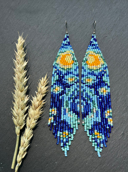 Long handmade “Starry Night” earrings with blue, yellow, and turquoise beads. Unique Boho statement jewelry inspired by Van Gogh, perfect for creative and artistic style image 12