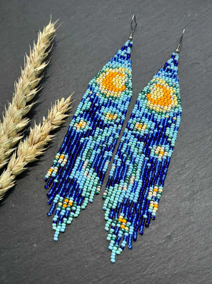 Long handmade “Starry Night” earrings with blue, yellow, and turquoise beads. Unique Boho statement jewelry inspired by Van Gogh, perfect for creative and artistic style image 13