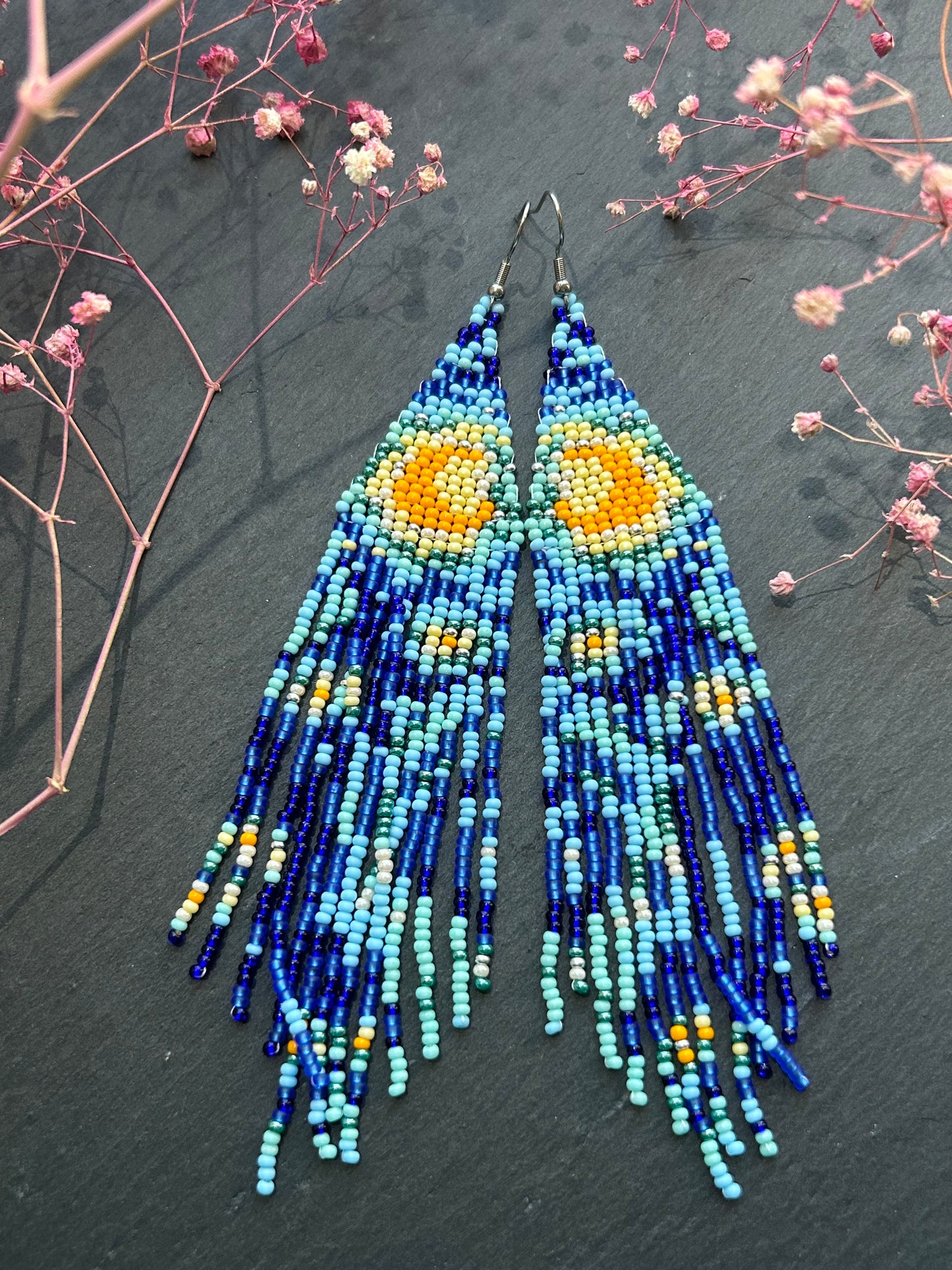 Long handmade “Starry Night” earrings with blue, yellow, and turquoise beads. Unique Boho statement jewelry inspired by Van Gogh, perfect for creative and artistic style image 11