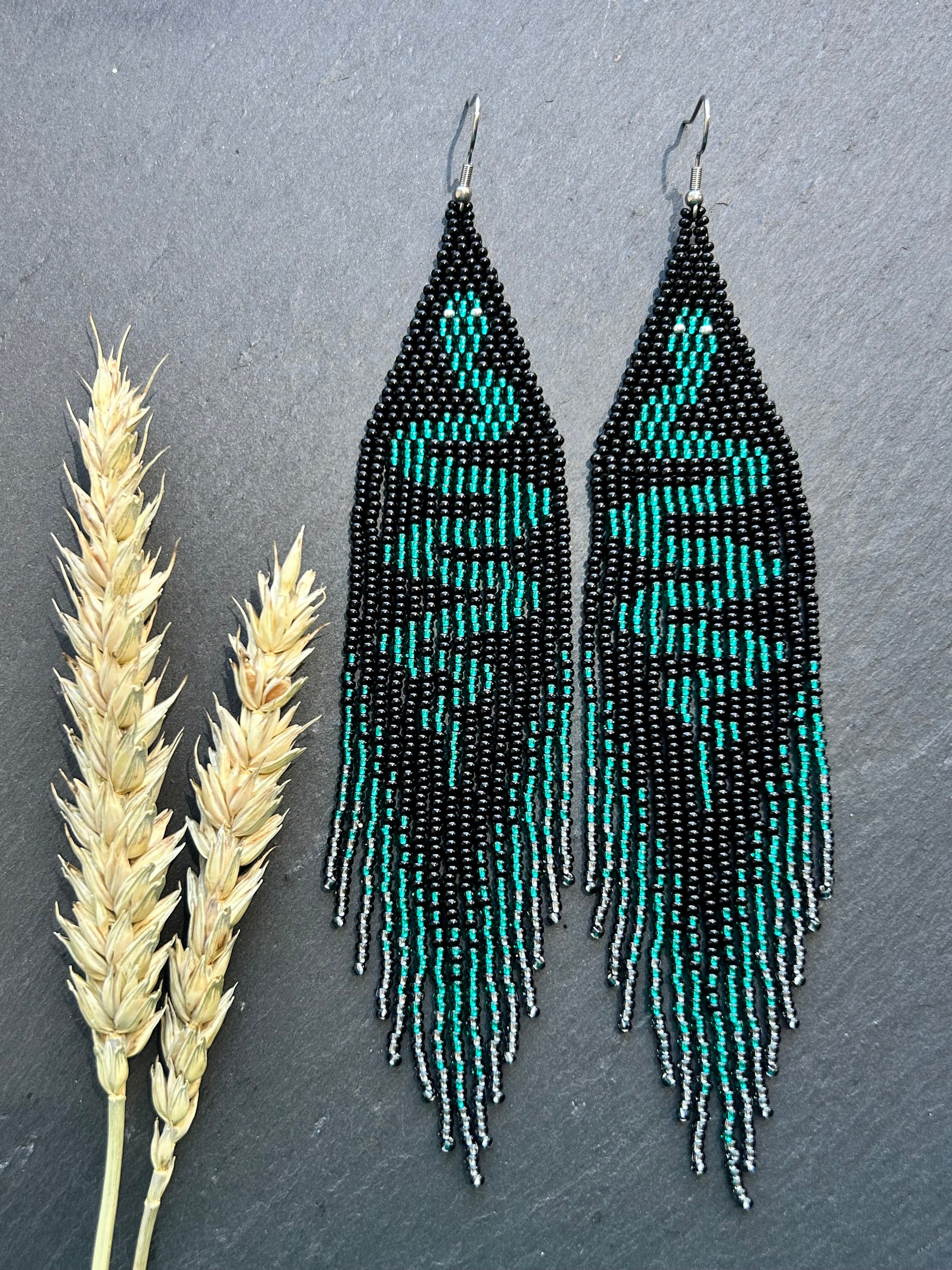 Handmade long beaded earrings with green snake design in boho style. Unique statement jewelry with fringe, perfect gift and standout accessory for any look image 11