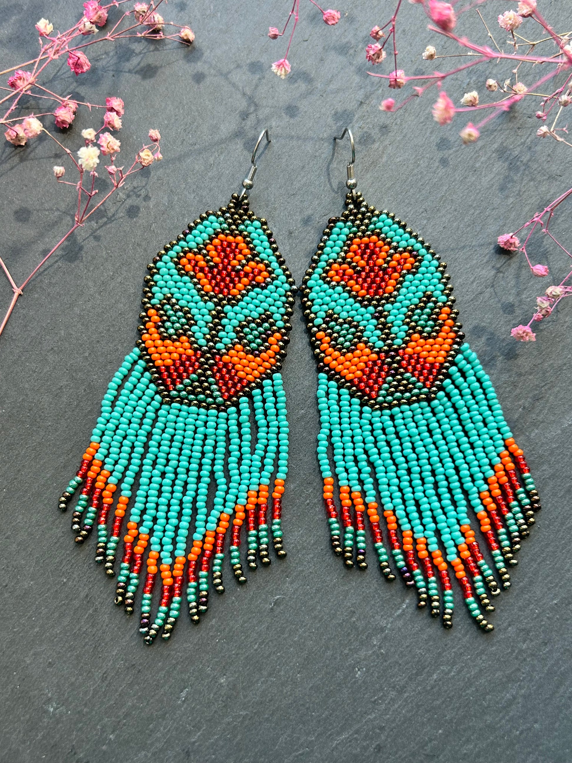 Unique handmade long beaded earrings in turquoise, orange, and red with floral design and fringe. Boho statement jewelry, cute multicolor earrings for women image 7