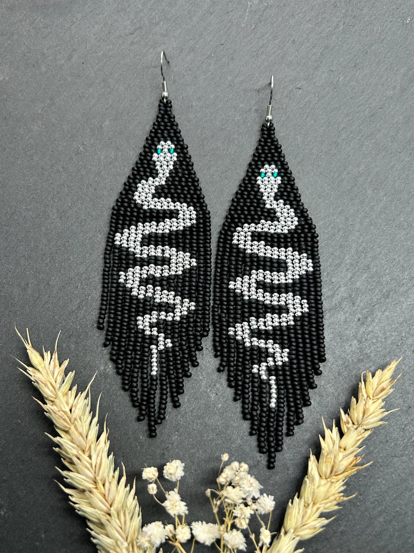 Handmade long black beaded earrings with silver snake design and boho fringe. Unique statement jewelry, elegant contrast, perfect gift for lovers of artisan style image 11