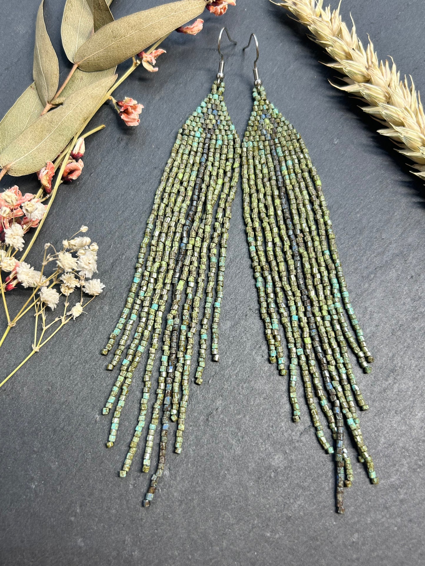 Long handmade green beaded earrings with fringe. Boho statement jewelry in natural shades, unique accessory for minimalist and artistic style image 11