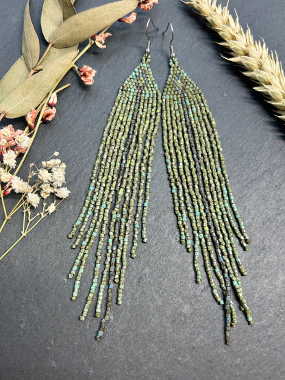 Long handmade green beaded earrings with fringe. Boho statement jewelry in natural shades, unique accessory for minimalist and artistic style image 11