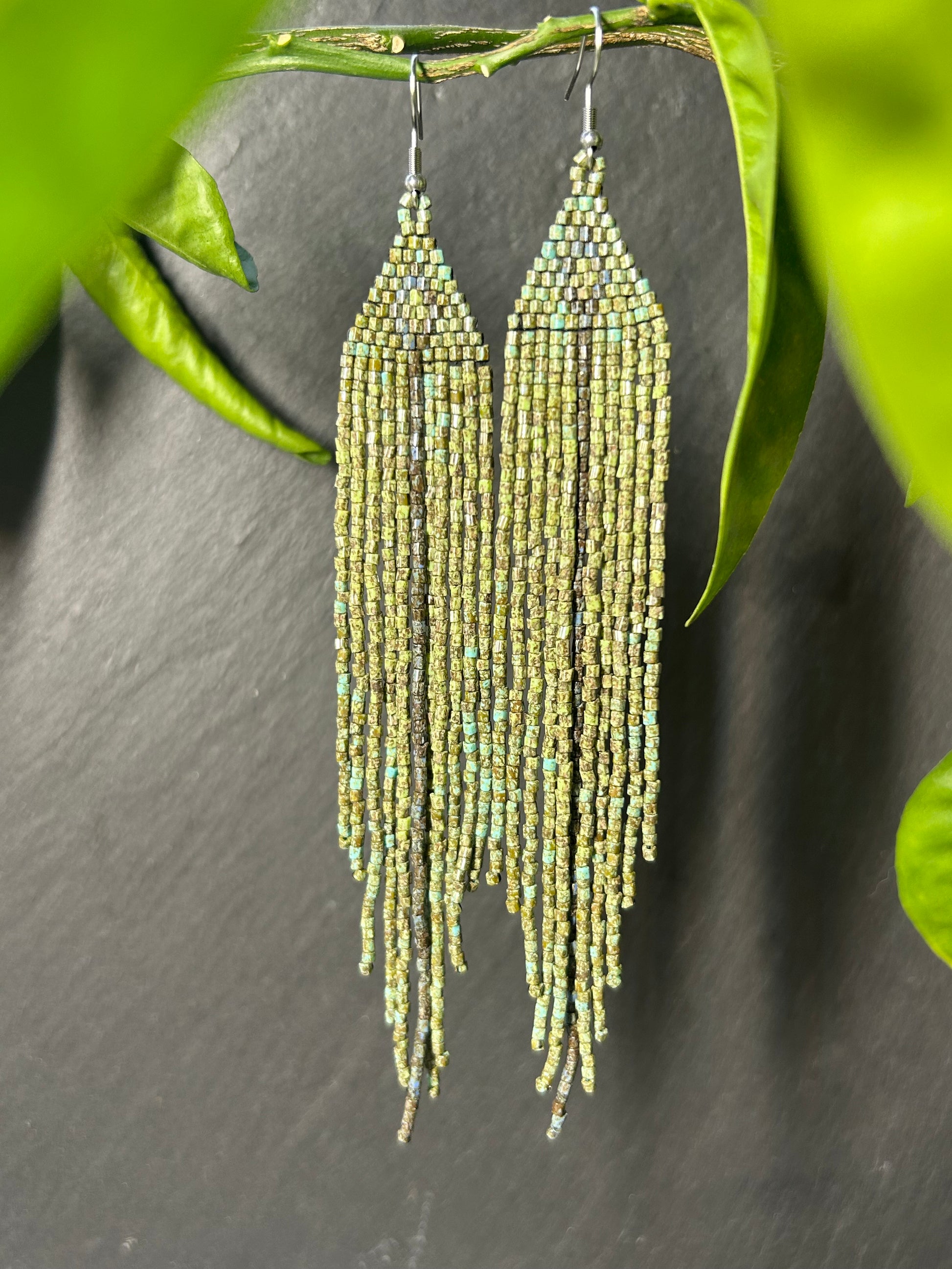 Long handmade green beaded earrings with fringe. Boho statement jewelry in natural shades, unique accessory for minimalist and artistic style image 12