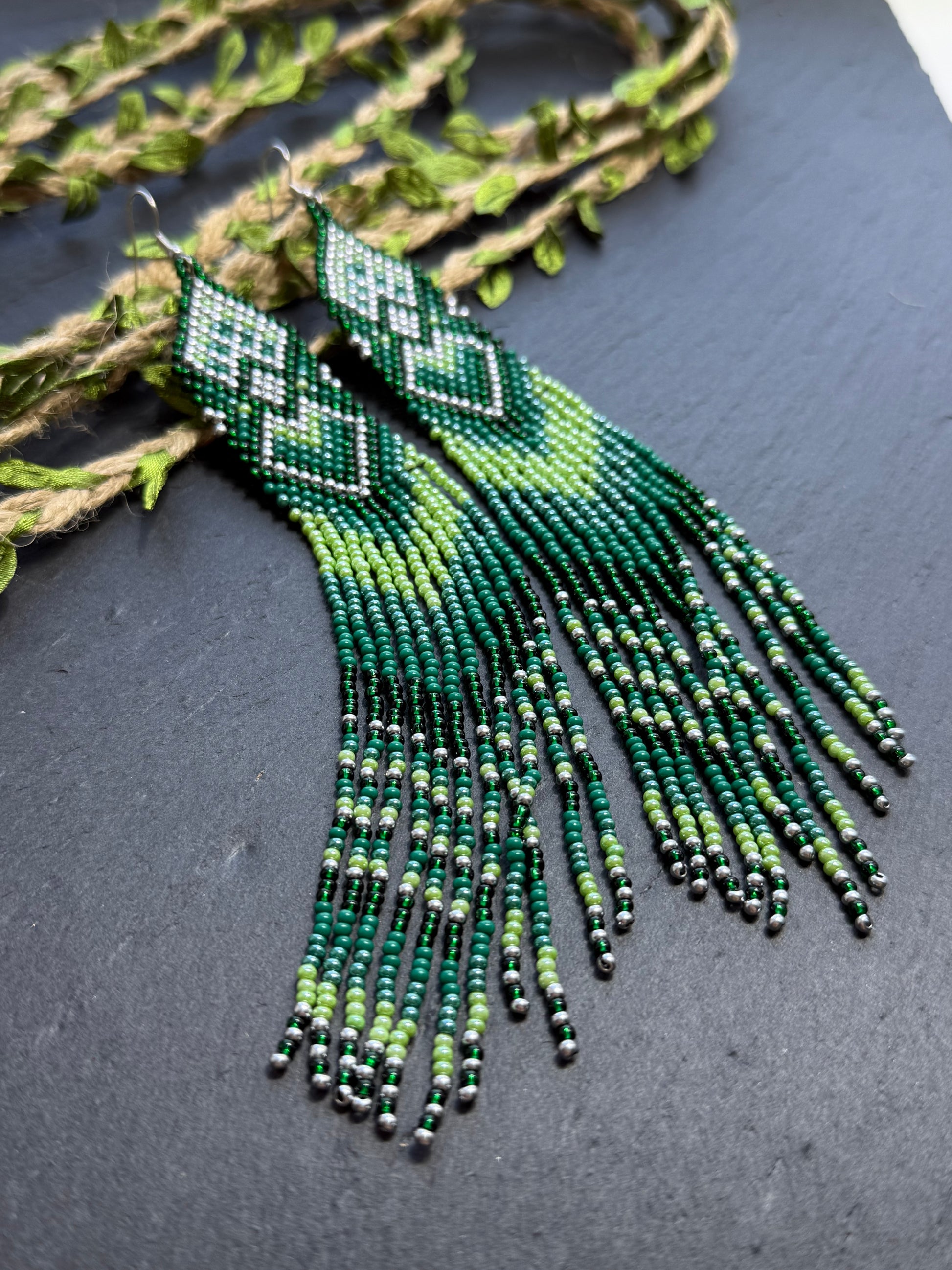 Unique handmade long green beaded fringe earrings with Native American motif. Boho statement jewelry, tribal style, ethnic earrings for women, perfect gift image 8