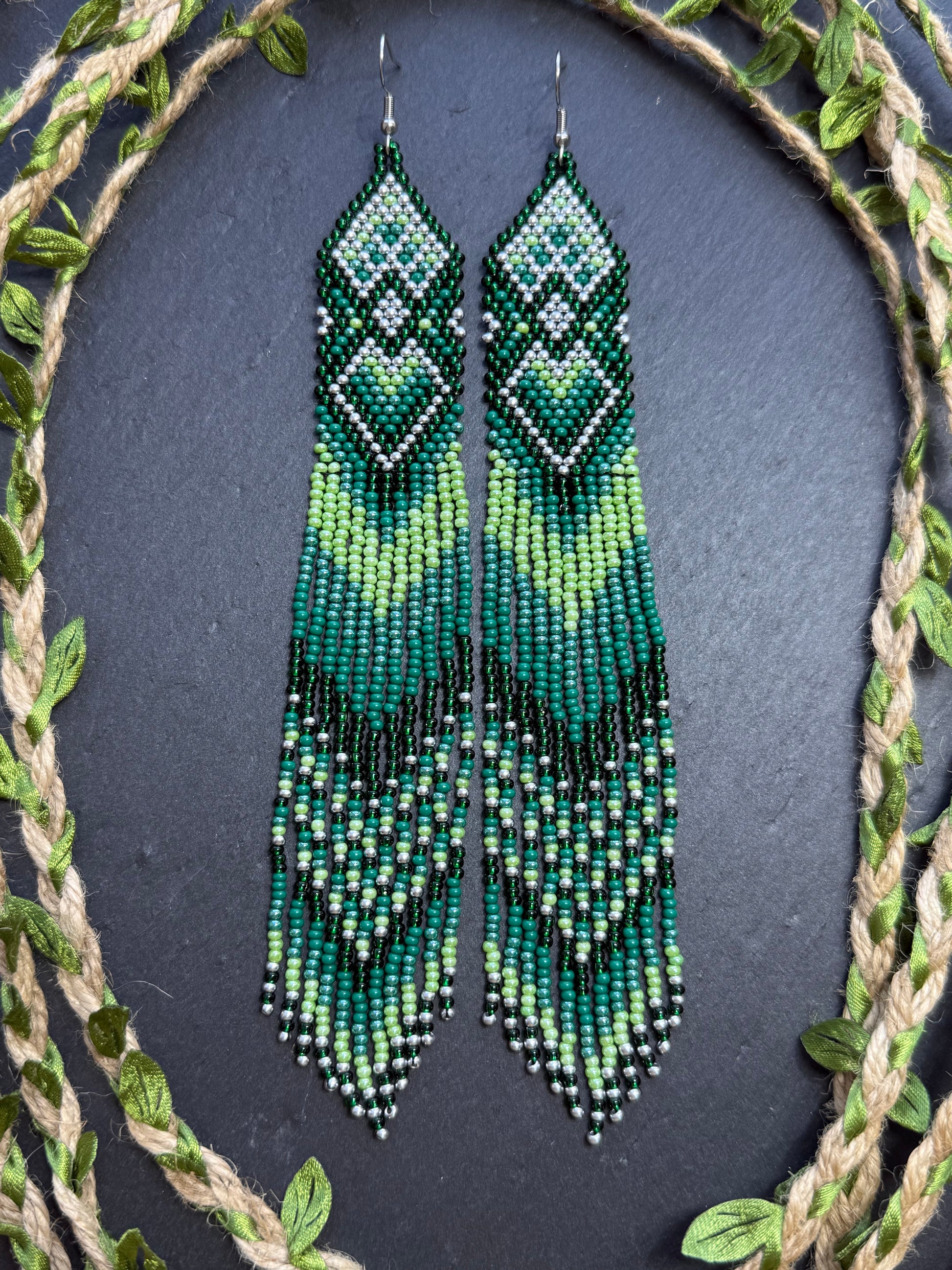 Unique handmade long green beaded fringe earrings with Native American motif. Boho statement jewelry, tribal style, ethnic earrings for women, perfect gift image 10
