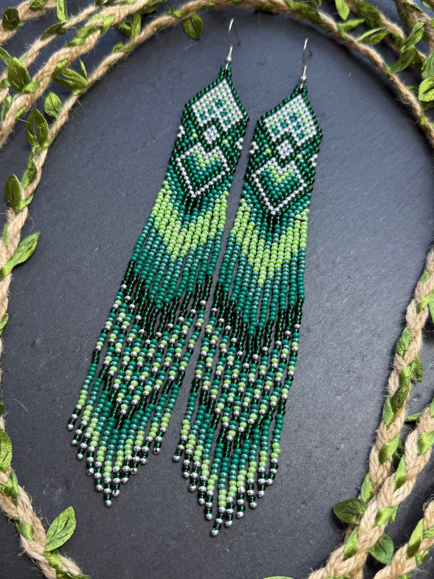 Unique handmade long green beaded fringe earrings with Native American motif. Boho statement jewelry, tribal style, ethnic earrings for women, perfect gift image 11