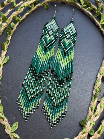 Unique handmade long green beaded fringe earrings with Native American motif. Boho statement jewelry, tribal style, ethnic earrings for women, perfect gift image 11
