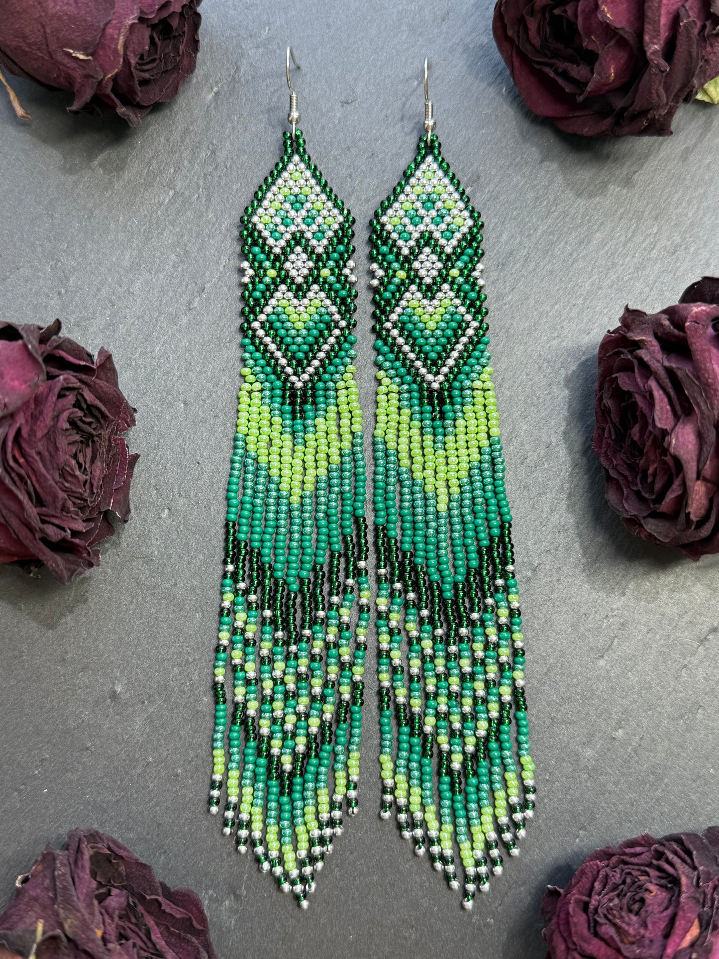 Unique handmade long green beaded fringe earrings with Native American motif. Boho statement jewelry, tribal style, ethnic earrings for women, perfect gift image 12