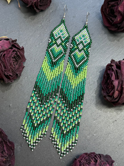 Unique handmade long green beaded fringe earrings with Native American motif. Boho statement jewelry, tribal style, ethnic earrings for women, perfect gift image 13