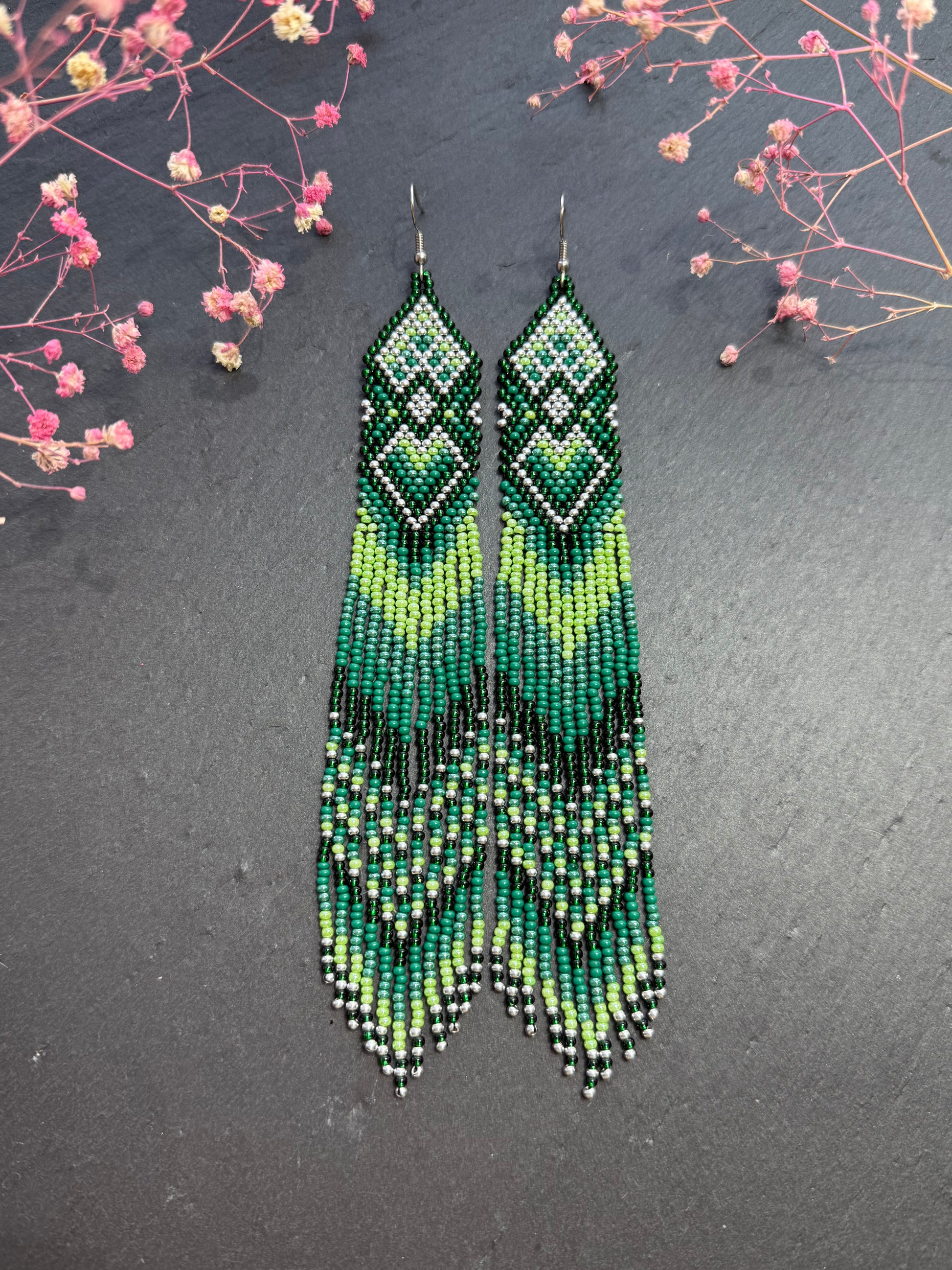 Unique handmade long green beaded fringe earrings with Native American motif. Boho statement jewelry, tribal style, ethnic earrings for women, perfect gift image 1