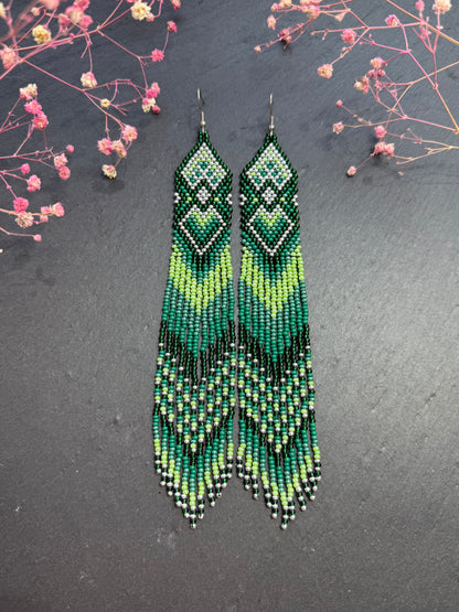 Unique handmade long green beaded fringe earrings with Native American motif. Boho statement jewelry, tribal style, ethnic earrings for women, perfect gift image 1