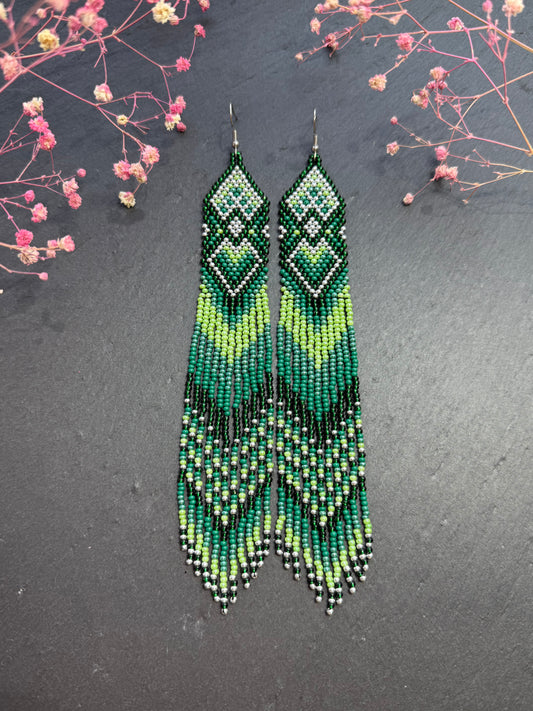Unique handmade long green beaded fringe earrings with Native American motif. Boho statement jewelry, tribal style, ethnic earrings for women, perfect gift image 1