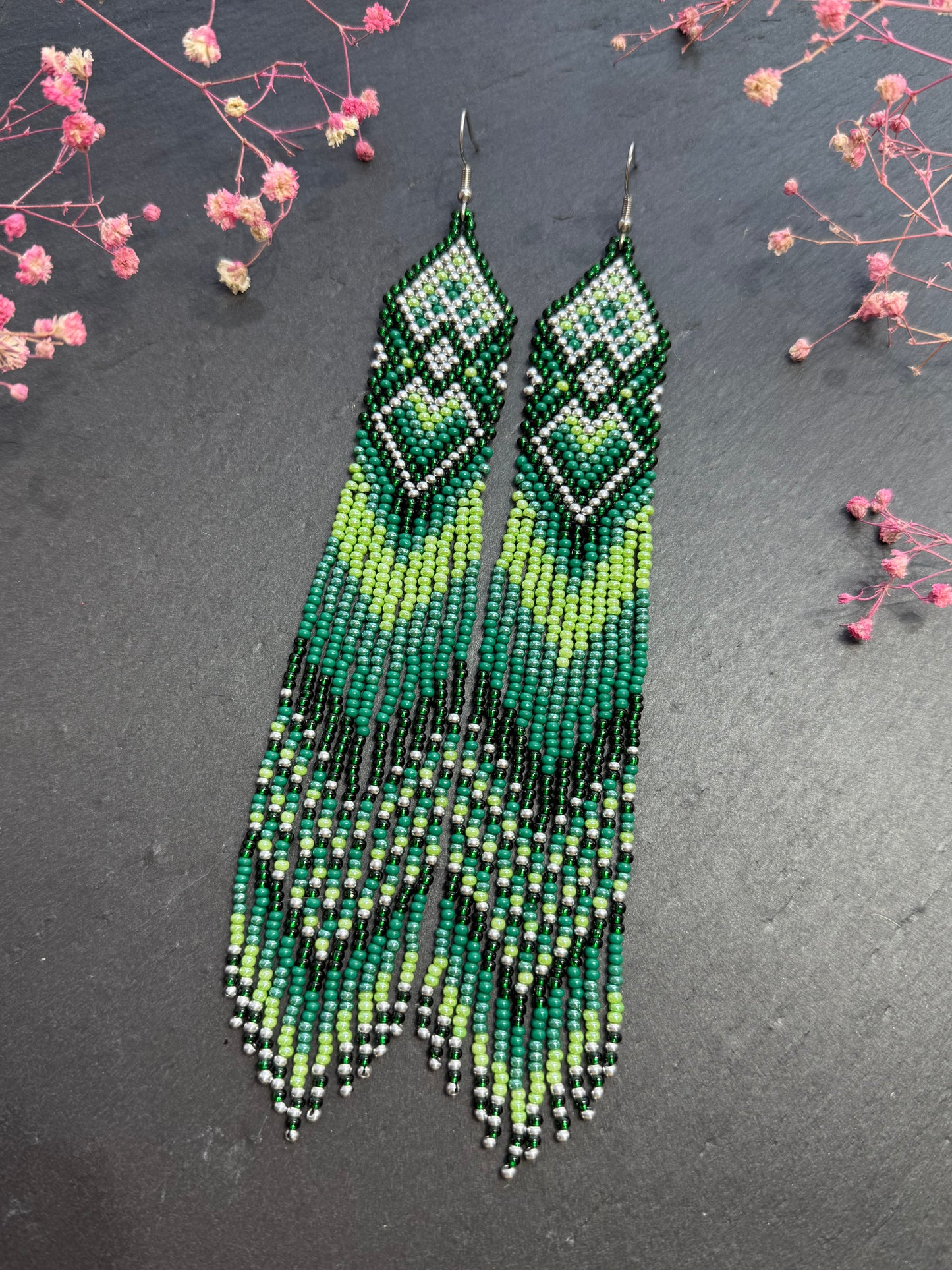 Unique handmade long green beaded fringe earrings with Native American motif. Boho statement jewelry, tribal style, ethnic earrings for women, perfect gift image 7