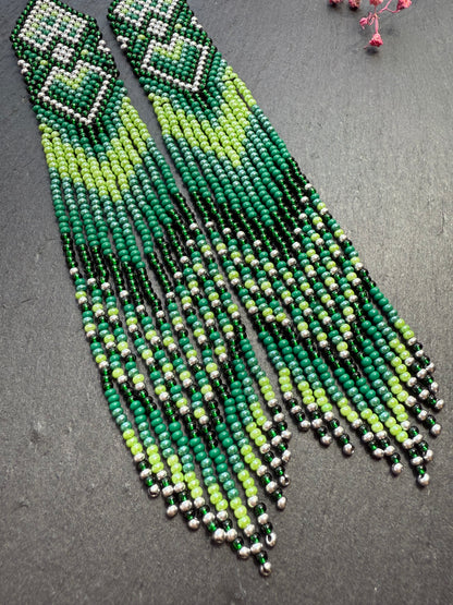 Unique handmade long green beaded fringe earrings with Native American motif. Boho statement jewelry, tribal style, ethnic earrings for women, perfect gift image 4