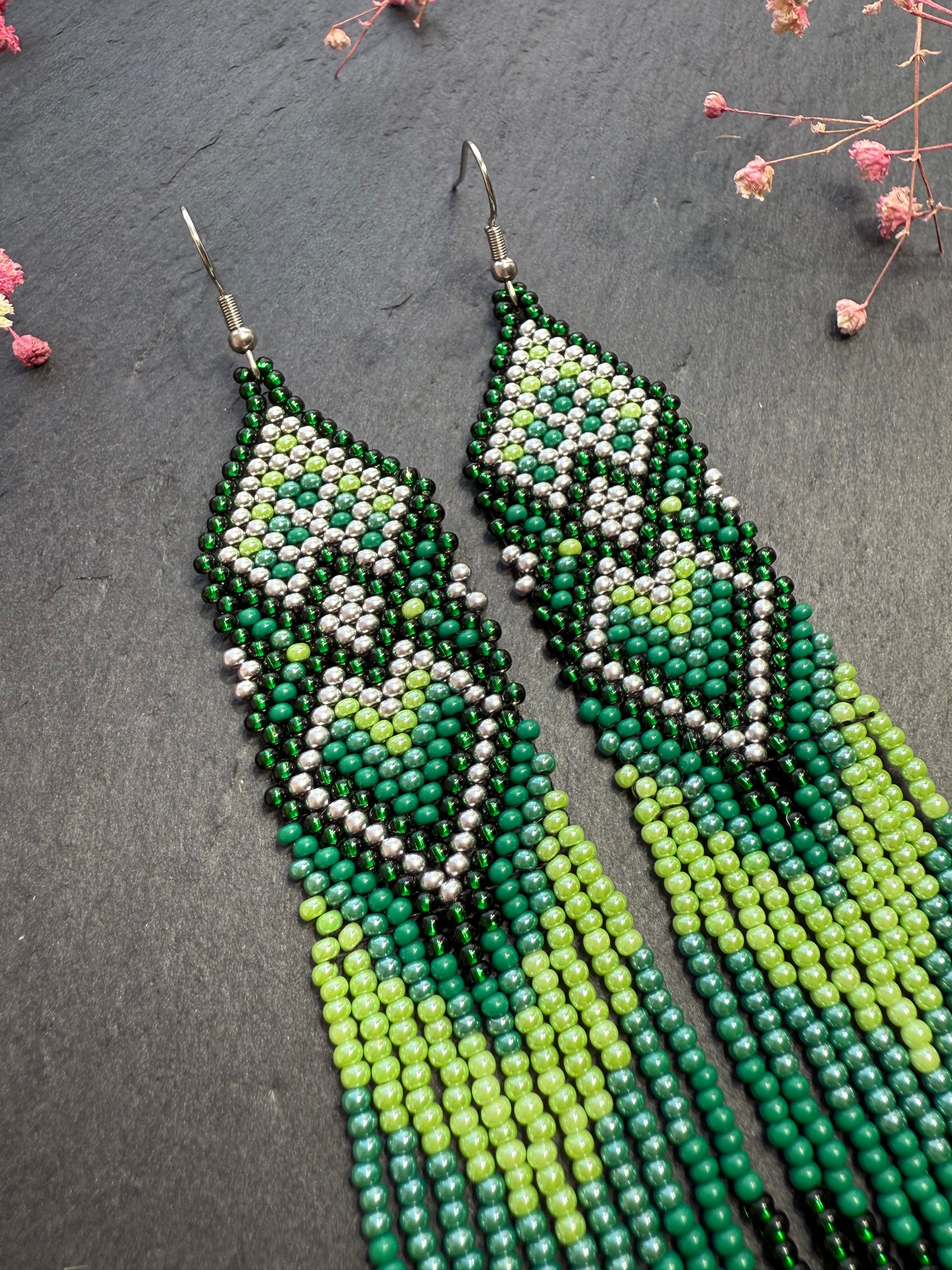 Unique handmade long green beaded fringe earrings with Native American motif. Boho statement jewelry, tribal style, ethnic earrings for women, perfect gift image 3