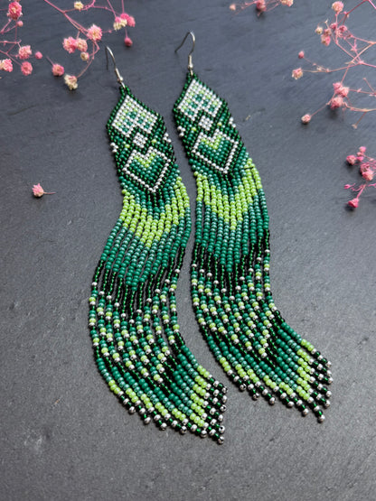 Unique handmade long green beaded fringe earrings with Native American motif. Boho statement jewelry, tribal style, ethnic earrings for women, perfect gift image 2