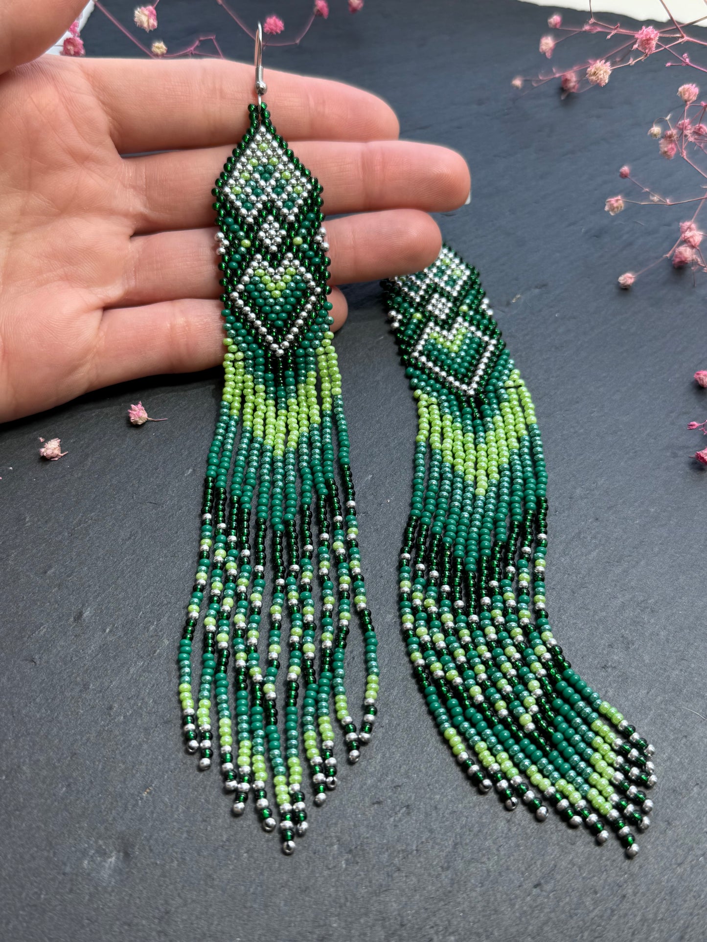Unique handmade long green beaded fringe earrings with Native American motif. Boho statement jewelry, tribal style, ethnic earrings for women, perfect gift image 6