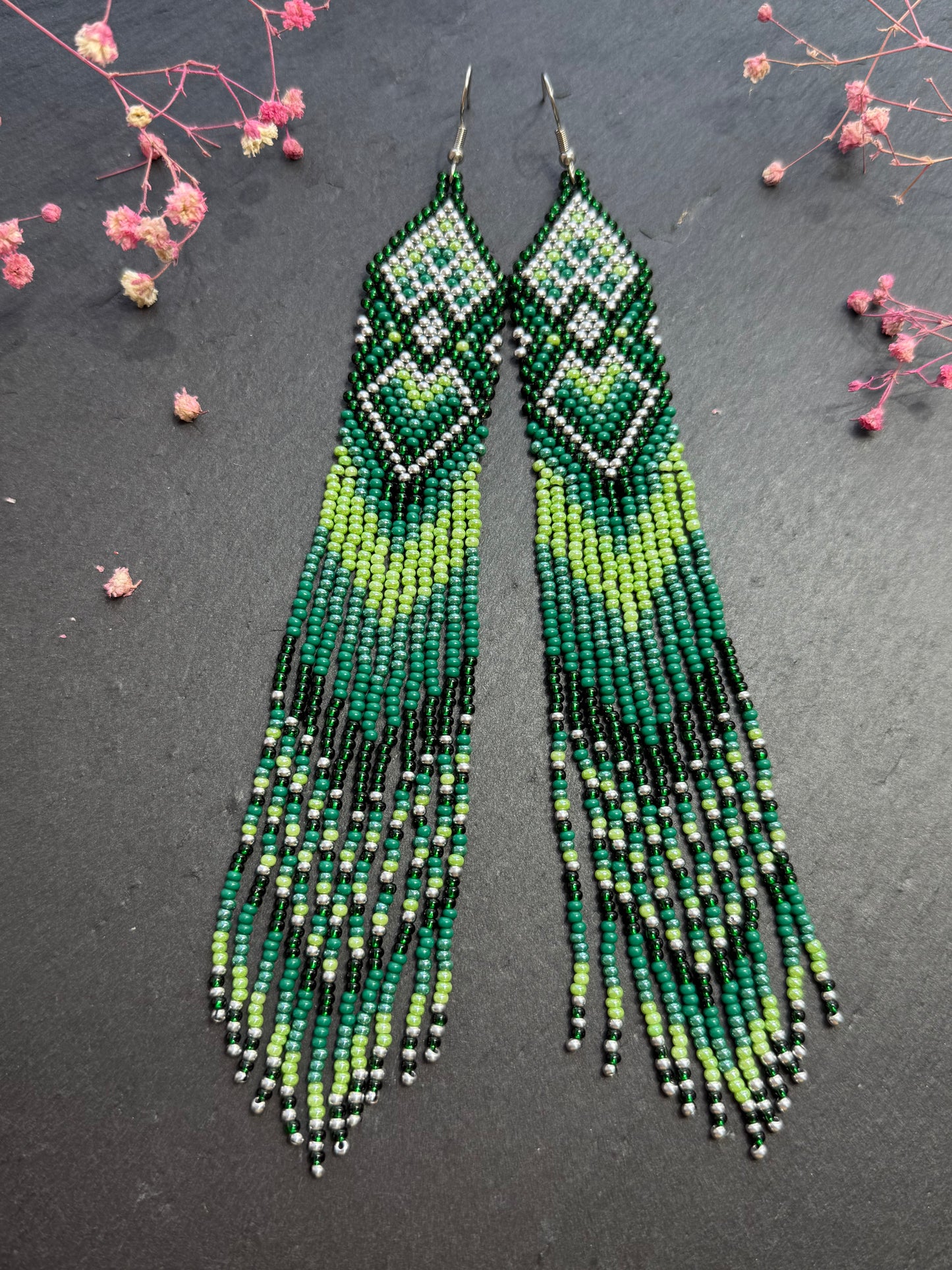 Unique handmade long green beaded fringe earrings with Native American motif. Boho statement jewelry, tribal style, ethnic earrings for women, perfect gift image 5