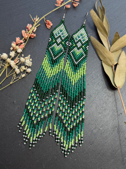 Unique handmade long green beaded fringe earrings with Native American motif. Boho statement jewelry, tribal style, ethnic earrings for women, perfect gift image 9
